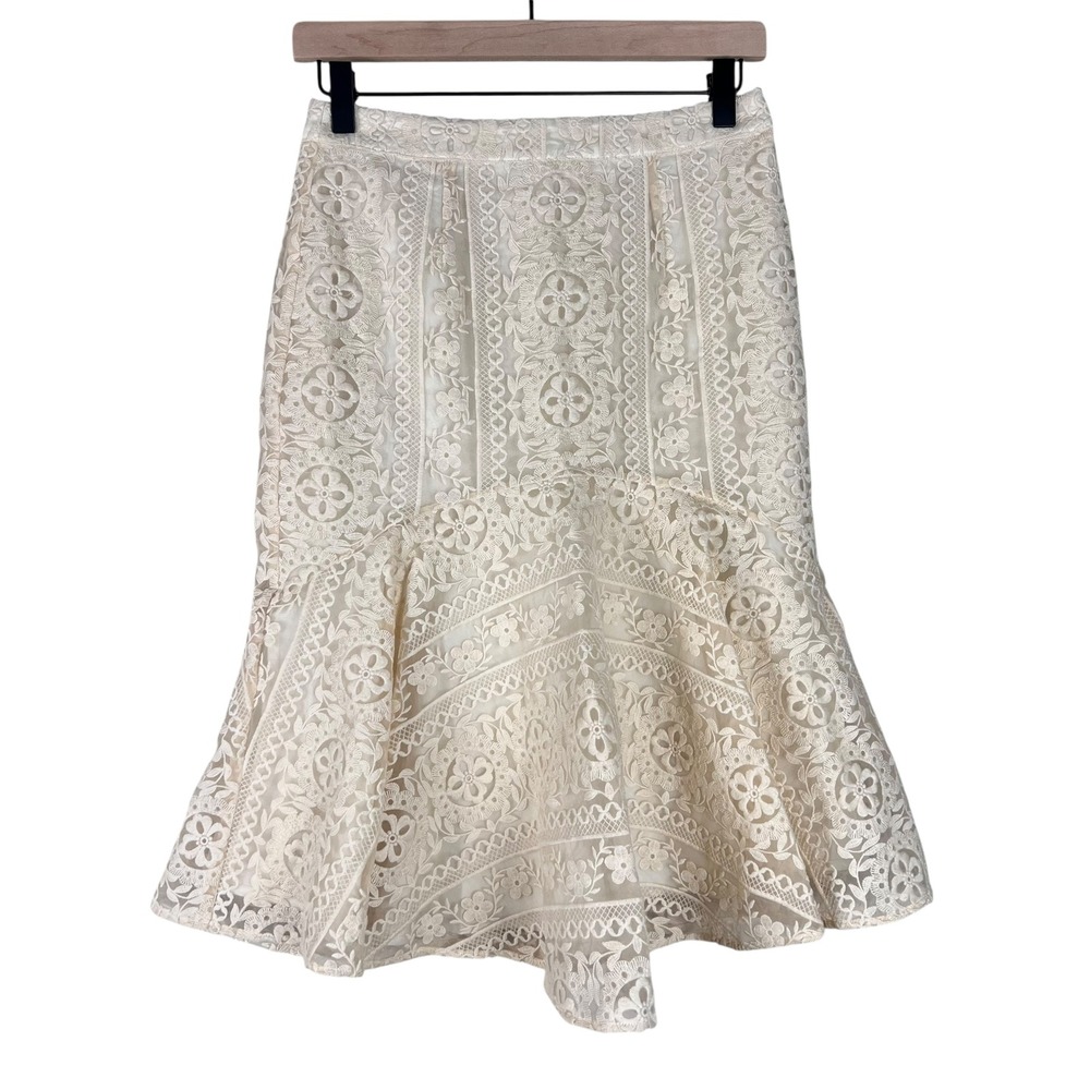 Rachel Parcell Ivory Floral Lace Trumpet Midi Skirt XS Cream Embroidered Flounce